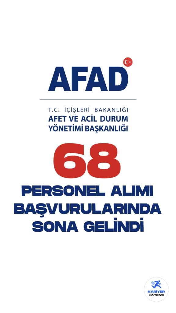 İçişleri Bakanlığı Afet ve Acil Durum Başkanlığı (AFAD) personel alımı başvurularında sona gelindi. Cumhurbaşkanlığı SBB'de yayımlanan duyuruya göre, AFAD'a avukat, elektrik mühendisi, inşaat mühendisi, jeoloji, hidrojeoloji mühendisi, makine mühendisi, sosyal çalışmacı, veteriner hekim, diğer sağlık personeli, destek personeli( temizlik, şoför), elektrik elektronik teknisyeni, tesisat teknolojisi ve iklimlendirme teknisyeni, koruma ve güvenlik görevlisi ünvanlarında sözleşmeli personel alınacak. Başvurular yarın (27 Eylül) sona eriyor. Başvuru yapacak adayların genel ve özel şartları incelemesi gerektiği kaydedildi.