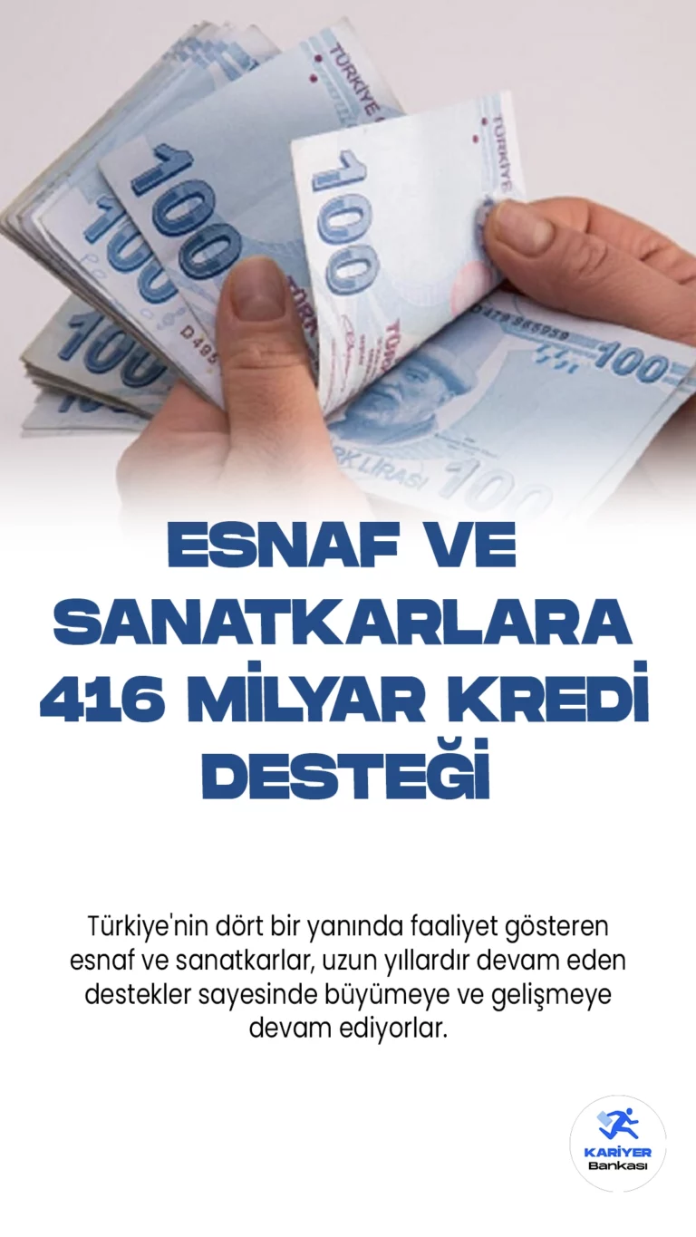 Esnaf ve Sanatkarlara 416 Milyar Lira Kredi Desteği.Türkiye'nin dört bir yanında faaliyet gösteren esnaf ve sanatkarlar, uzun yıllardır devam eden destekler sayesinde büyümeye ve gelişmeye devam ediyorlar. Ticaret Bakanlığı, bu destekleri sağlamak için 2003 yılından bu yana kesintisiz bir şekilde çalışıyor.