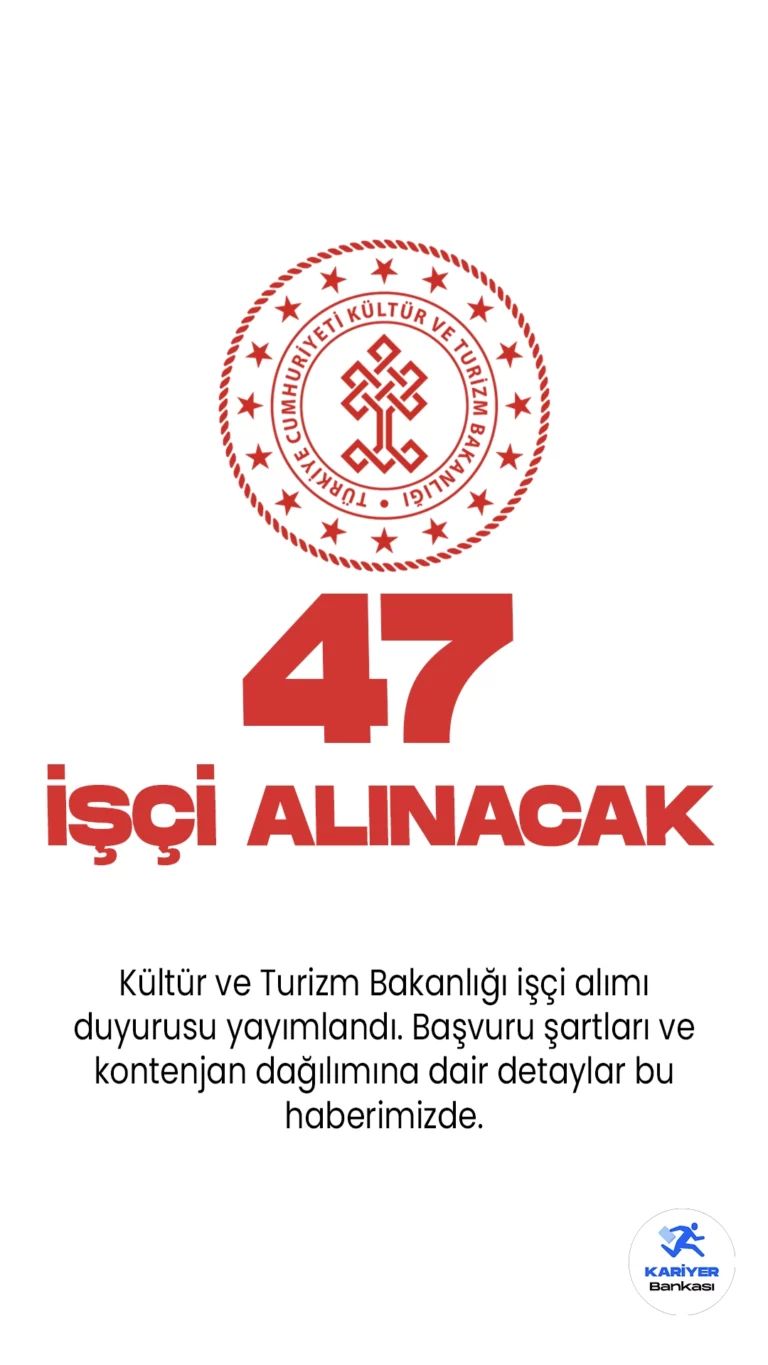 Kültür ve Turizm Bakanlığı işçi alımı duyurusu yayımlandı. 5 Eylül 2023 tarihli Resmi Gazete'de yayımlanan duyuruya göre, Kültür ve Turizm Bakanlığı Uludağ Alan Başkanlığına büro görevlisi, koruma ve güvenlik görevlisi, şoför, teknisyen, destek personeli, avukat, şehir plancısı, mimari peyjaz mimarı, mühendis, biyolog, idari uzman ve iç denetçi ünvanlarında olmak üzere sürekli işçi alımı yapılacak.