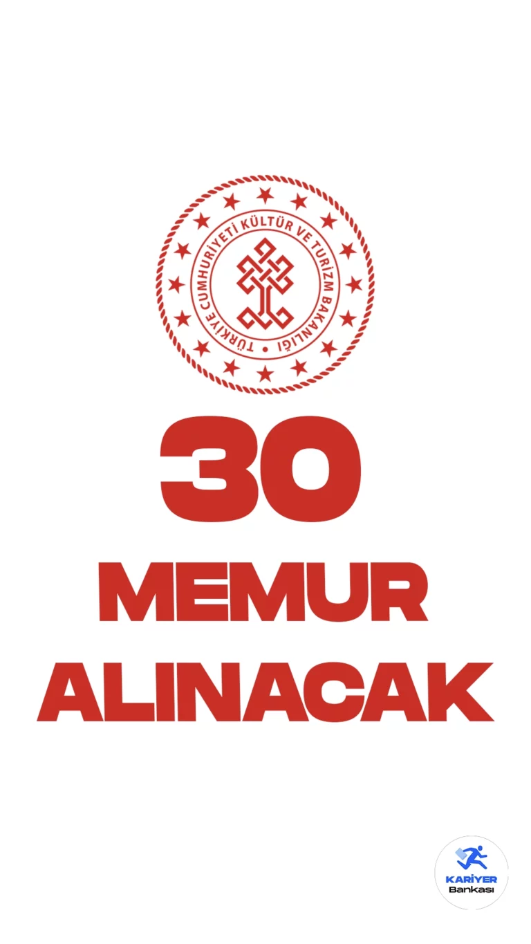 Kültür ve Turizm Bakanlığı 30 memur alımı yapacağını duyurdu. 14 Eylül 2023 tarihli Resmi Gazete'de yayımlanan duyuruda, Kültür ve Turizm Bakanlığına sözlü sınavla kültür ve turizm uzman yardımcısı alımı yapılacağı aktarıldı. Başvuru yapacak adayların genel şartların yanı sıra, mezuniyet şartların da dikkatle incelemesi gerekmektedir.