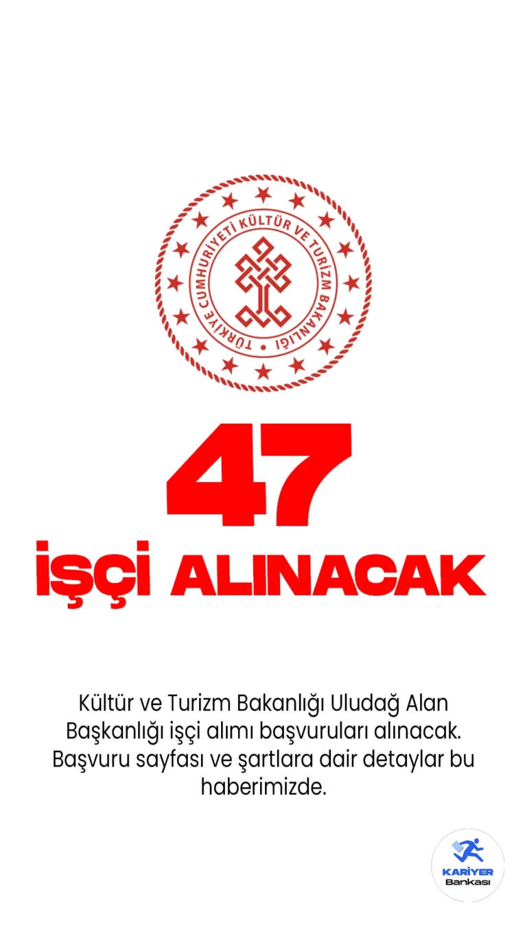Kültür ve Turizm Bakanlığı Uludağ Alan Başkanlığı işçi alımı başvuruları alınacak. Resmi Gazete ve Cumhurbaşkanlığı SBB'de yayımlana duyurulara göre, Uludağ Alan Başkanlığına büro görevlisi, koruma ve güvenlik görevlisi, şoför, teknisyen, destek personeli, avukat, şehir plancısı, mimari peyzaj mimarı, mühendis, biyolog, idari uzman ve iç denetçi pozisyonları için sürekli işçi alımı yapılacak. Başvurular 29 Eylül'de sona erecek.