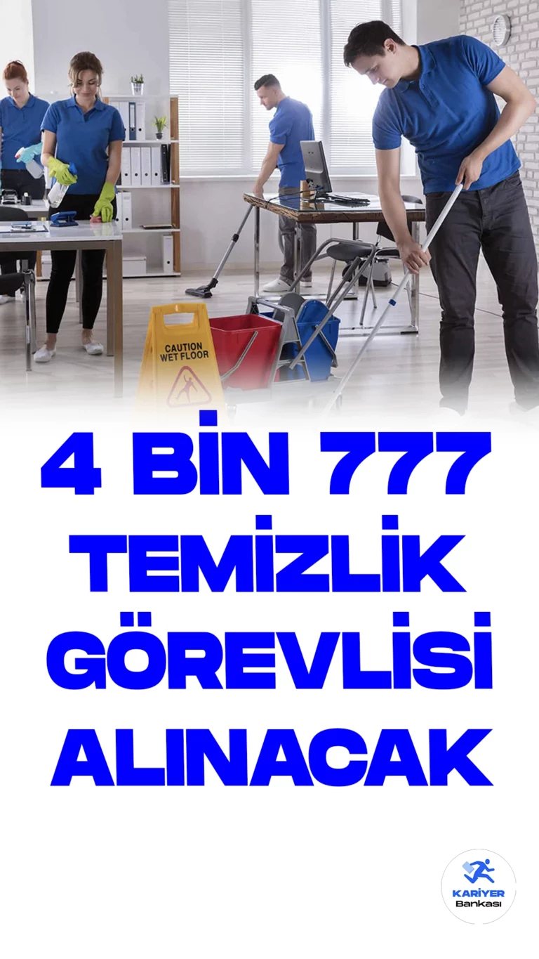 En Az İlkokul Mezunu 4 Bin 777 Temizlik Görevlisi Alınacak. Türkiye İş Kurumu (İŞKUR) web sayfası üzerinden temizlik görevlisi alımı duyuruları art arda yayımlandı. İŞKUR üzerinden özel sektör firmaları tarafından yayımlanan duyurulara göre, 4 bin 777 temizlik görevlisi alımı yapılacak. Başvuru yapacak adaylarda en az ilkokul mezuniyet şartı aranıyor. adayların belirtilen başvuru şartlarını dikkatle incelemesi gerekmektedir.