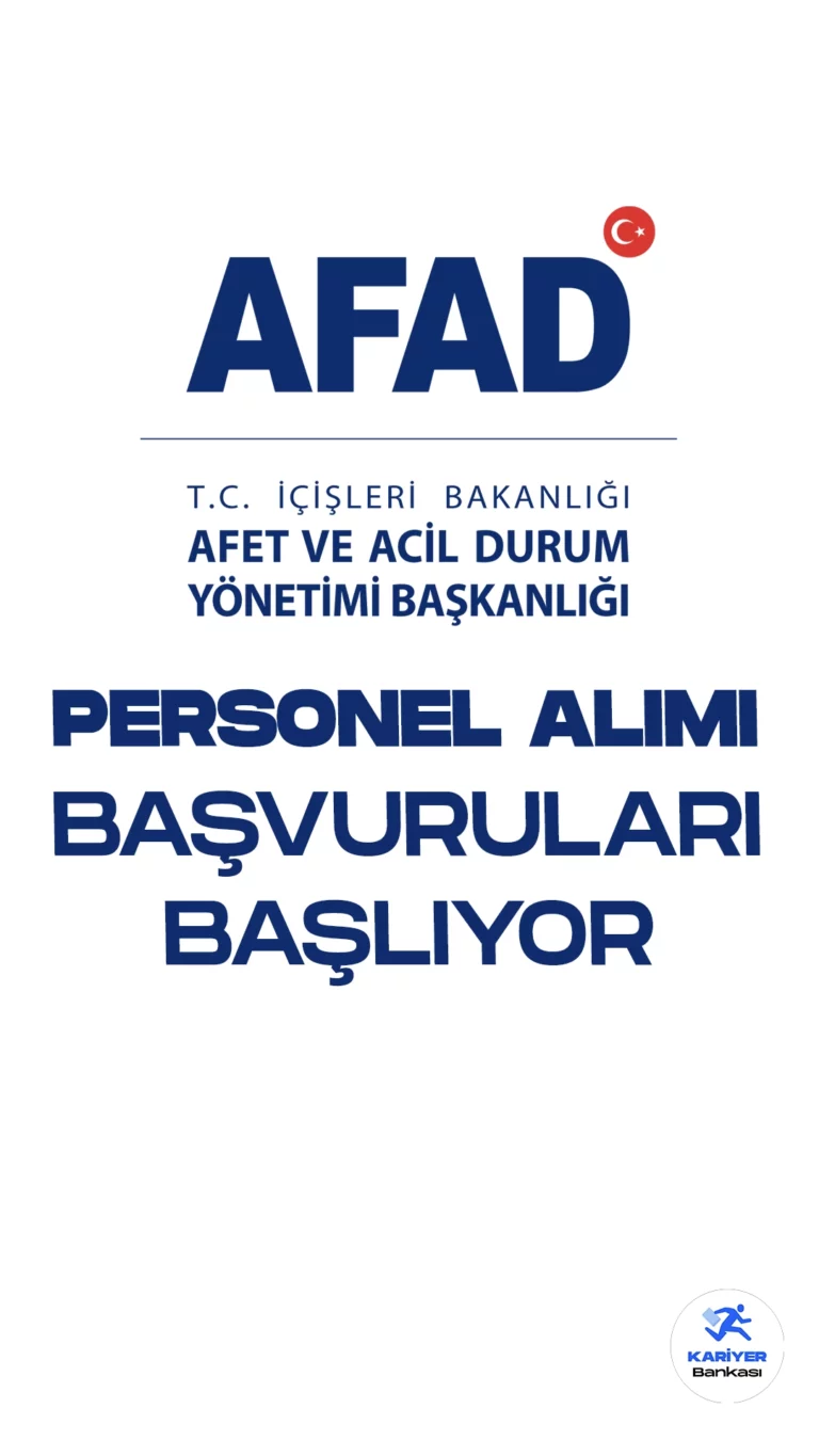 AFAD 215 Personel Alımı Başvuruları 9 Ekim'de Başlıyor. İçişleri Bakanlığı Afet ve Acil Durum Yönetimi Başkanlığı personel alımı için başvuru süreci başlıyor.Resmi Gazete’de yayımlanan duyuruya göre, AFAD’a sınavla 215 arama ve kurtarma teknisyeni alımı yapılacak. Başvuru yapacak adayların sınava katılma şartlarını sağlaması gerekmektedir.