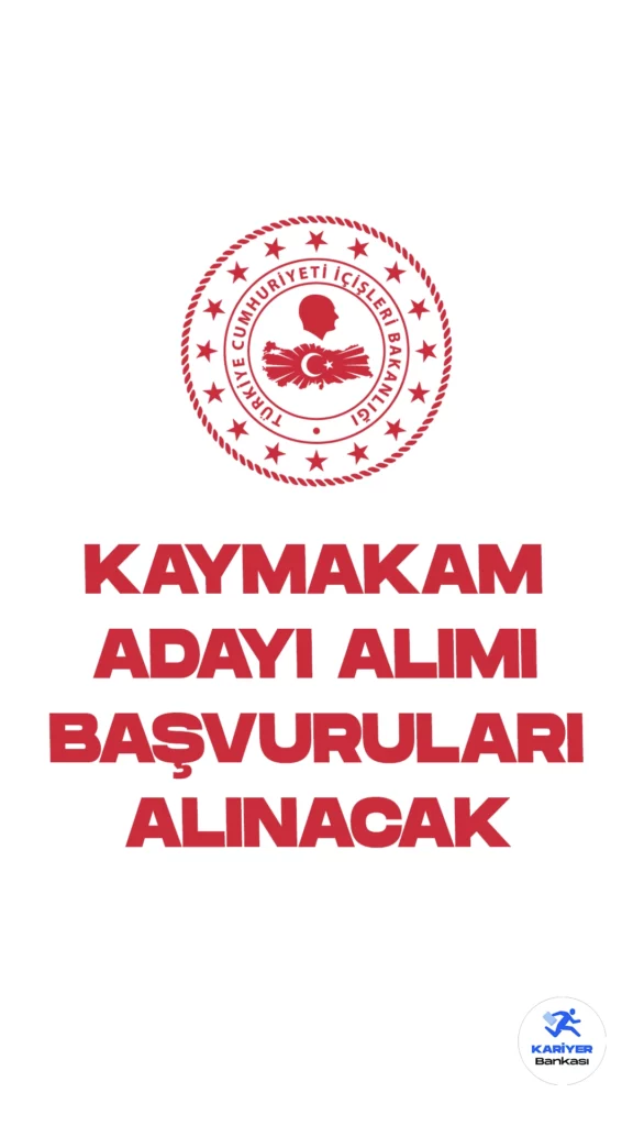 İçişleri Bakanlığı kaymakam adayı alımı için başvuruları başladı. Resmi Gazete’de yayımlanan duyuruya göre, İçişleri Bakanlığı Mülki İdare Amirliği Hizmetleri Sınıfı’na sınavla 77 kaymakam adayı alacak.Başvuru yapacak adayların sınava katılma şartlarını taşıması gerekmektedir.