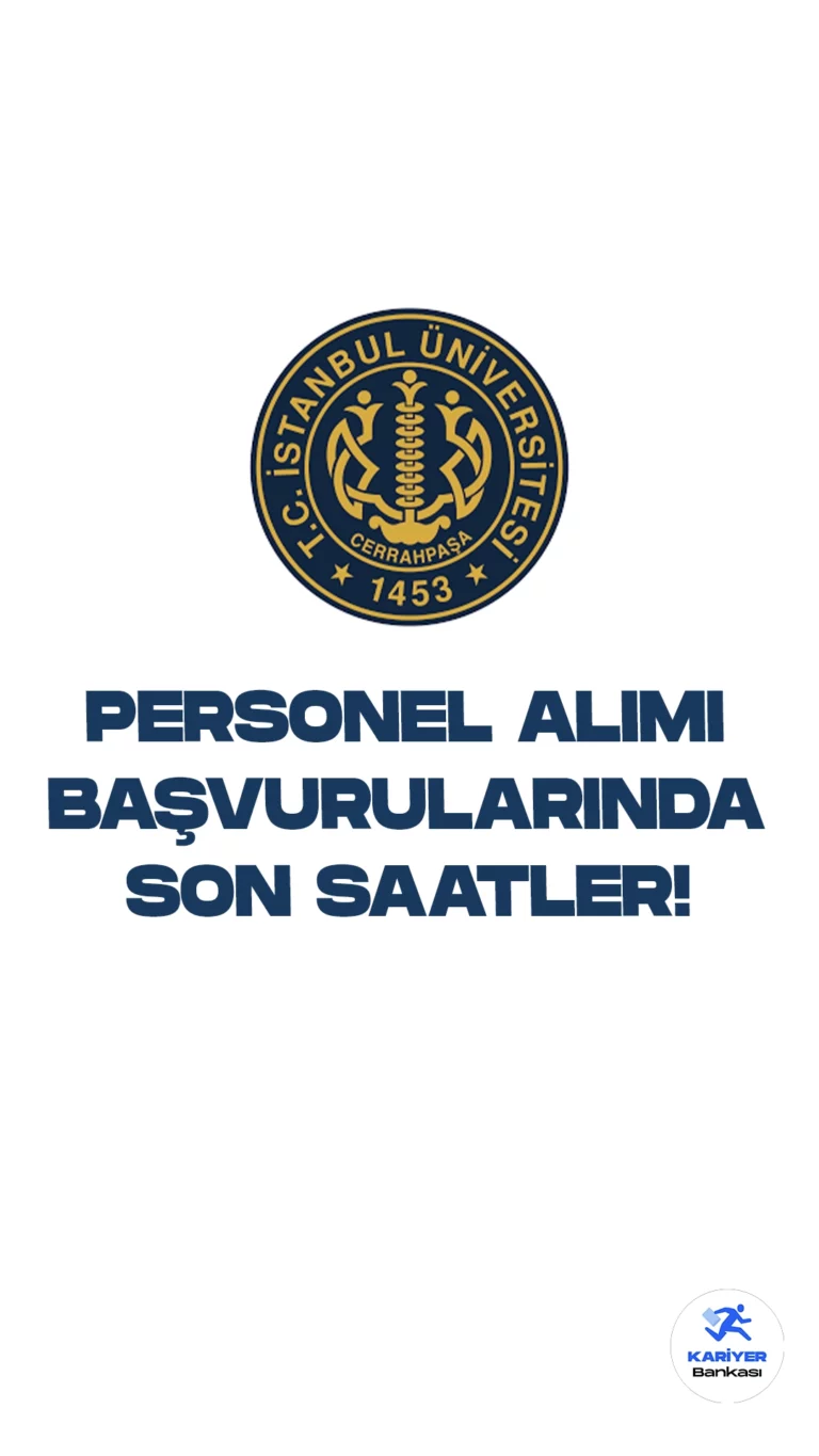 İstanbul Üniversitesi Cerrahpaşa Rektörlüğü (İÜC) personel alımı başvurularında son saatlere girildi. Resmi Gazete'de yayımlanan duyuruya göre, İstanbul Üniversitesi Cerrahpaşa Rektörlüğüne teknisyen(görüntü ve ses sitemleri, elektrik elektronik), destek personeli(hasta bakımı ve temizliği), hemşire, sağlık teknikeri(tıbbi sekreter, tıbbi laboratuvar) ve psikolog ünvanlarında sözleşmeli personel alınacak. Başvurular bugün (9 Ekim 2023) sona erecek.