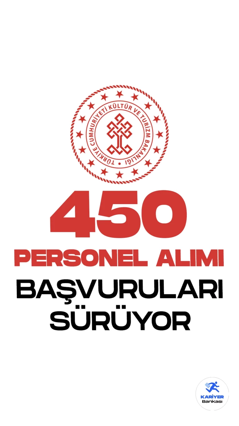 Kültür ve Turizm Bakanlığı 450 Personel Alımı Başvuruları Sürüyor. Bakanlık resmi sayfasından yayımlanan duyuruda" “Kültür ve Turizm Bakanlığı Güzel Sanatlar Genel Müdürlüğünce, Adana, Ankara, Antalya, Bursa, Diyarbakır, Edirne, Elazığ, Mersin, İstanbul, İzmir, Konya, Samsun, Sivas, Şanlıurfa illerinde bulunan ve aşağıda yer alan birimlere, 657 sayılı Devlet Memurları Kanunu’nun 4 üncü maddesinin B fıkrası uyarınca 6/6/1978 tarih ve 7/15754 sayılı Bakanlar Kurulu Kararı ile yürürlüğe konulan Sözleşmeli Personel Çalıştırılmasına İlişkin Esaslar’ın ek 8 inci maddesi kapsamında görev yapmak üzere belirtilen branş ve sayıda sözleşmeli sanatçı alınacaktır.
