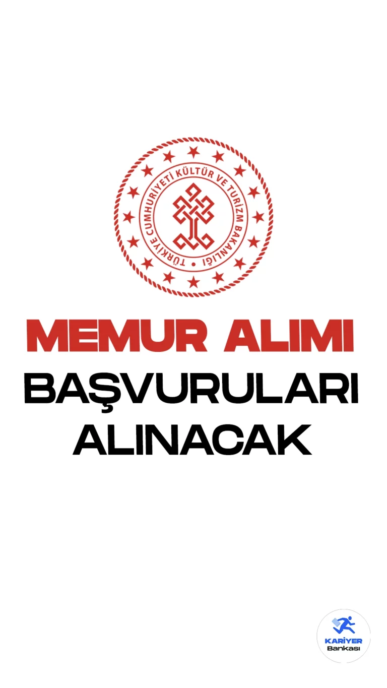 Kültür ve Turizm Bakanlığı 30 Memur Alımı Başvuruları Alınacak. Resmi Gazete'de yayımlanan duyuruya göre, Kültür ve Turizm Bakanlığına sözlü sınavla kültür ve turizm uzman yardımcısı alımı yapılacak. Başvuru yapacak adayların genel şartların yanı sıra özel şartları dikkat incelemesi gerektiği vurgulandı. Başvurlar 16 Ekim'de sona erecek.