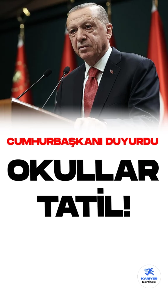 Cumhurbaşkanı Erdoğan, Okulların Tatil Edilmesi Kararını Duyurdu.Cumhurbaşkanı Recep Tayyip Erdoğan, ülke genelindeki eğitim kurumlarının durumuyla ilgili önemli bir kararı kamuoyuyla paylaştı. "30 Ekim Pazartesi günü için okul öncesi, ilkokul, ortaokul ve liselerin bir günlüğüne tatil edilmesi kararı aldığımızı bildirmek isterim" dedi.
