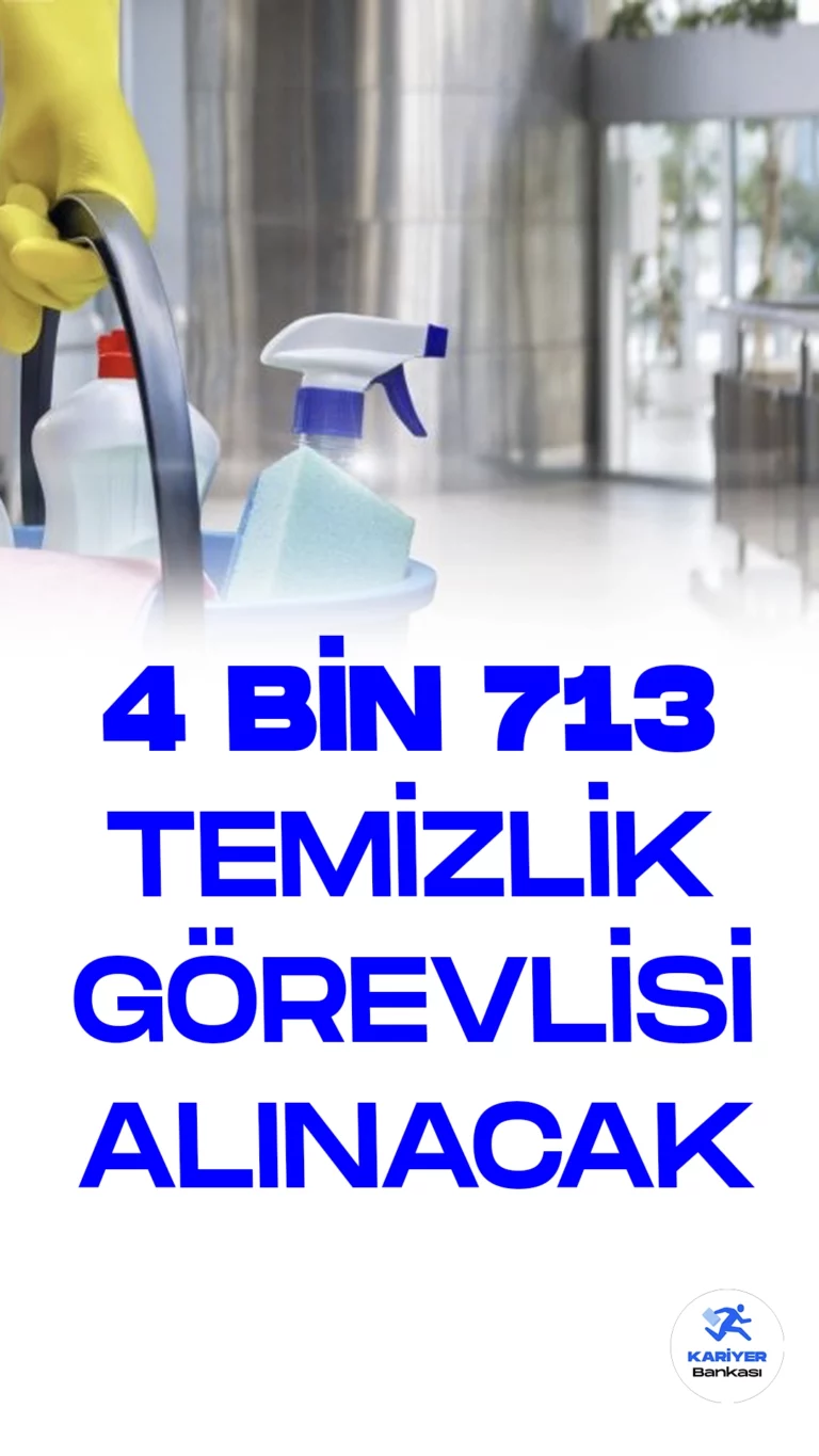 4 Bin 713 Temizlik Görevlisi Alınacak. Türkiye İş Kurumu (iŞKUR) sayfası üzerinden temizlik görevlisi alımı duyuruları yayımlandı. Özel sektör firmaları tarafından İŞKUR üzerinden yayımlanan duyurulara göre, 4 bin 713 temizlik görevlisi alınacak. Başvuru yapacak adaylarda en az ilkokul mezuniyet şartı aranırken, başvuru yapacak adayların belirtilen şartları dikkatle incelemesi gerektiği kaydedildi.