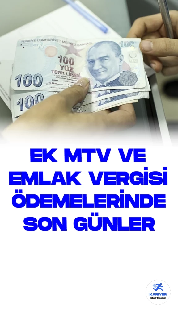 Ek MTV ve Emlak Vergisi İkinci Taksit Ödemelerinde Son Günler.2023 yılında, ek motorlu taşıtlar vergisi ve emlak vergisinin ikinci taksit ödemeleri için son tarih yaklaşıyor. Ödemelerin tamamlanması gereken son gün, bu ayın sonu olarak belirlendi.