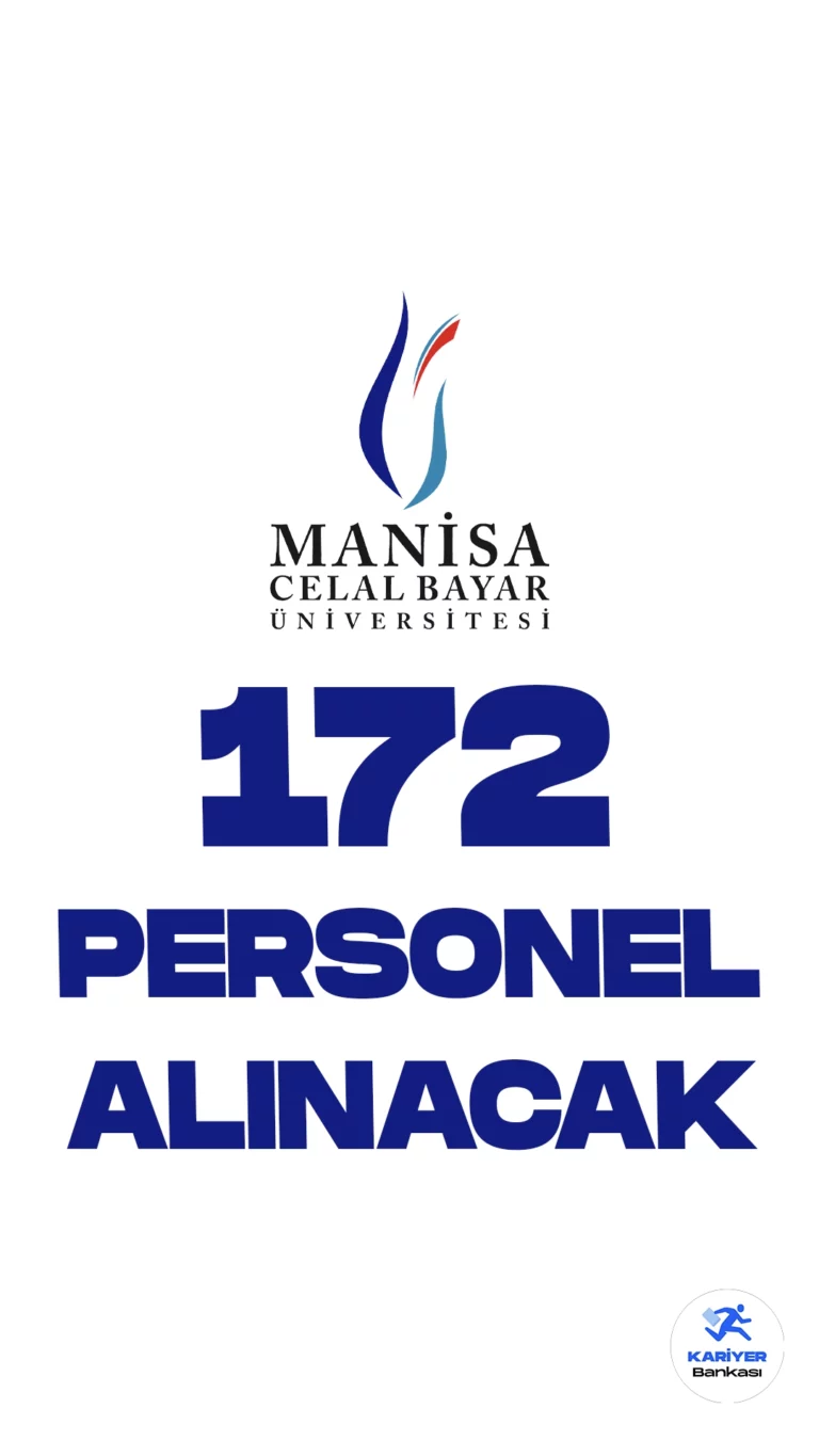 Manisa Celal Bayar Üniversitesi (MCBÜ) 172 Personel Alımı Yapacak. 20 Kasım 2023 tarihli Resmi Gazete'de yayımlanan duyuruda, Manisa Celal Bayar Üniversitesine hemşire, destek personeli(temizlik, dağıtım ve taşıma), büro personeli, sağlık teknikeri( anestezi, diyaliz, eczane teknikeri, tıbbi görüntüleme, patoloji, odyometri), laborant, eczacı pozisyonları için sözleşmeli personel alımı yapılacağı aktarıldı.Başvuruları 20 Kasım itibarıyla alınacak.