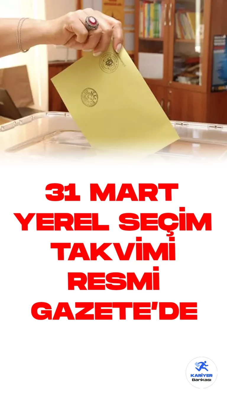31 Mart Yerel Seçim Takvimi Resmi Gazete'de Yayımlandı.31 Mart'ta gerçekleştirilecek mahalli idareler seçimi için Yüksek Seçim Kurulu tarafından belirlenen seçim takvimi, Resmi Gazete'de yayımlandı. Seçim takviminin başlangıç tarihi, vurgulanan şekilde 1 Ocak 2024 Pazartesi günü olarak belirlendi.