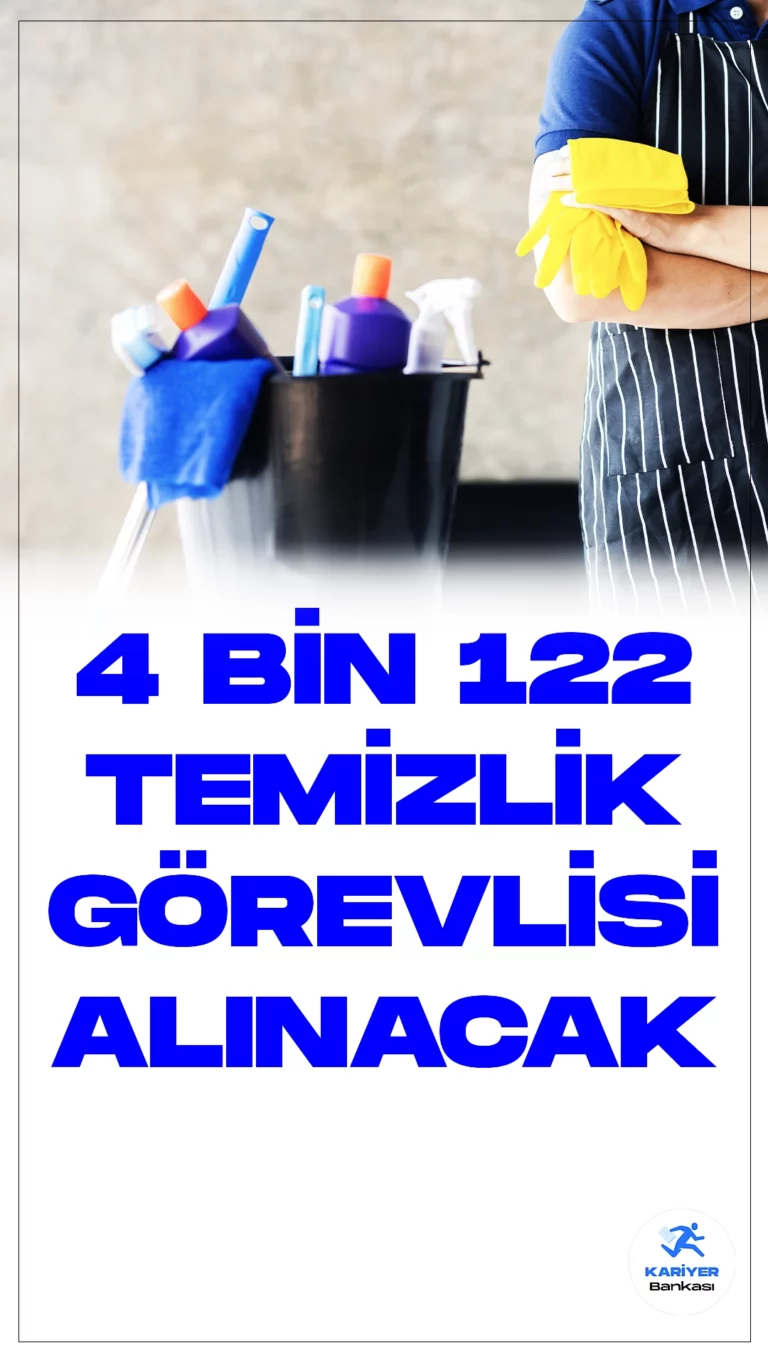 En Az İlkokul Mezunu 4 Bin 122 Temizlik Görevlisi Alınacak.Türkiye İş Kurumu sayfası üzerinden temizlik görevlisi alımı duyuruları yayımlandı. Özel sektör firmaları tarafınan İŞKUR üzerinden yayımlanan duyurularda, 4 bin 122 temizlik görevlisi alımı yapılacağı aktarıldı. Başvuru yapacak adayların belirtilen şartları sağlaması gerekmektedir.