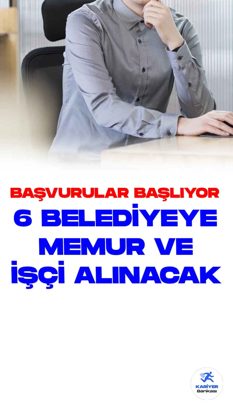 6 Belediyeye Memur ve İşçi Alınacak! Başvurular Başlıyor.Resmi Gazete’de ve Cumhurbaşkanlığı Strateji ve Bütçe Başkanlığı Kamu ilan sayfasından yayımlanan duyurulara göre, belediyelere kadın-erkek olmak üzere KPSS'den en az 50, 60, 70 puan alan adaylardan memur ve işçi alımları gerçekleştirilecek. Başvuru yapacak adayların belirtilen başvuru genel şartlarının yanı sıra, özel şartları da dikkatle incelemesi gerekmektedir.