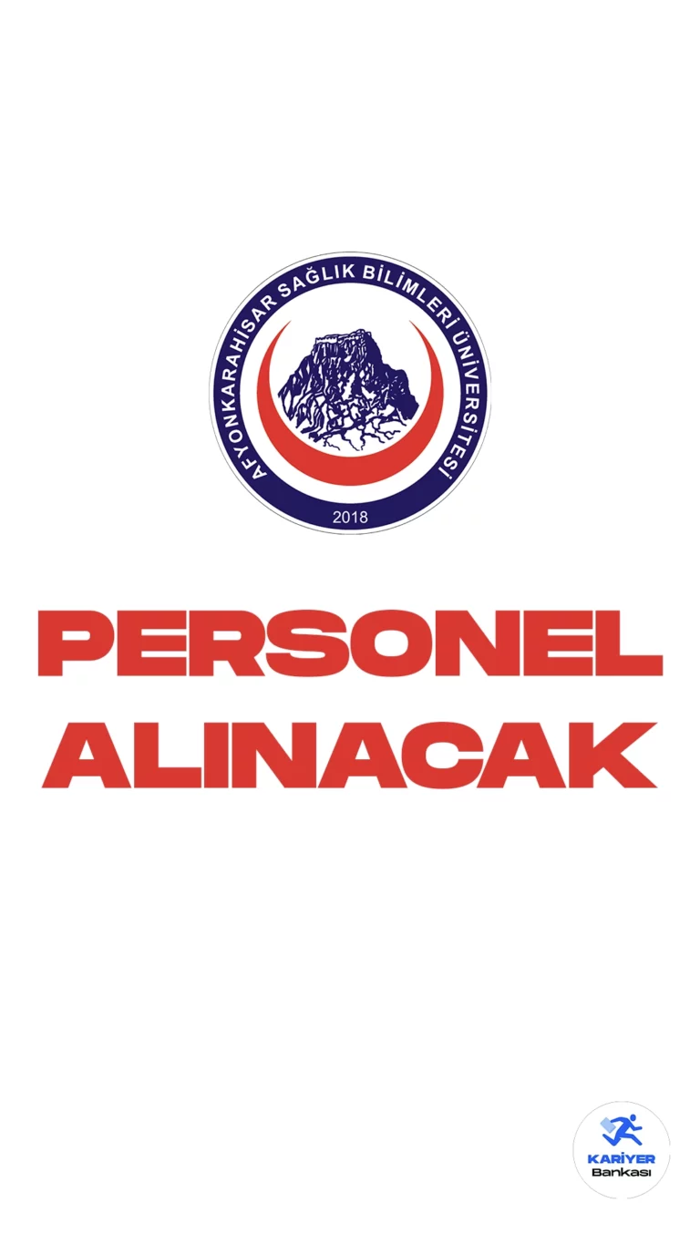 AFSÜ 15 Personel Alımı Yapacak. İlgili alım duyurusunda, Afyonkarahisar Sağlık Bilimleri Üniversitesine (AFSÜ) sağlık teknikeri( ağız ve diş sağlığı, tıbbi sekreter), büro personeli, fizyoterapist, hemşire, tekniker, destek personeli( temizlik, bahçe bakım düzenleme ve temizleme, bakım-onarım) ünvanlarında sözleşmeli personel alımı yapılacağı aktarıldı.