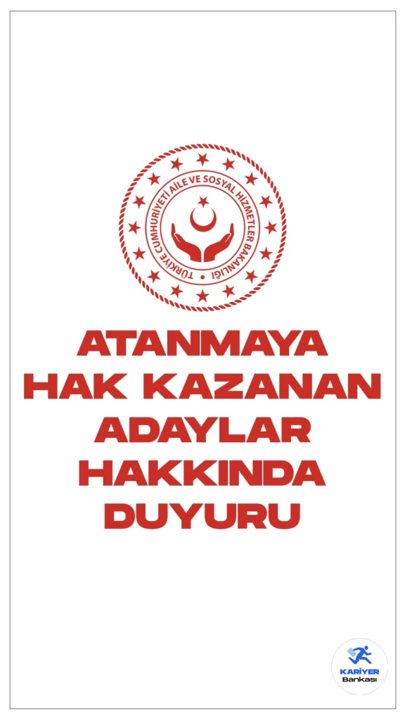 Aile ve Sosyal Hizmetler Bakanlığı (ASHB) 3713 Sayılı Kanun Kapsamında Atanmaya Hak Kazanan Adaylar Hakkında Duyuru Yayımlandı. Aile ve Sosyal Hizmetler Bakanlığı sayfası üzerinden, 3713 sayılı Terörle Mücadele Kanunu kapsamında 06.12.2023 tarihinde gerçekleştirilen kura sonucuna göre, Bakanlık kadrosuna atanmaya hak kazanan adaylardan istenilen belgelerle ilgili duyuru yayımlandı.