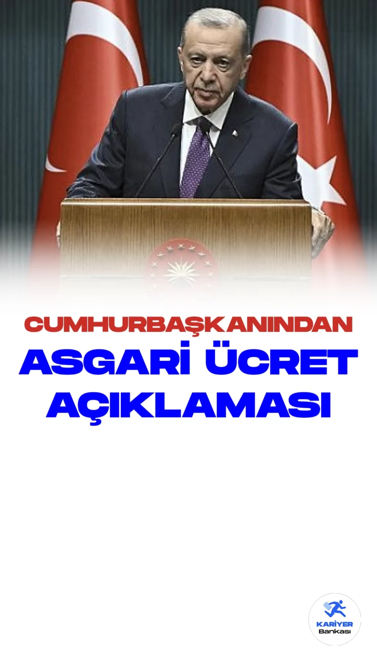 Cumhurbaşkanı Erdoğan'dan Asgari Ücretle İlgili Açıklama.Cumhurbaşkanı Recep Tayyip Erdoğan, yaptığı açıklamada, "Yılbaşında ekonomik dengeyi sarsmayacak, çalışanlarımızın kayıplarını giderecek bir asgari ücret belirleyeceğiz. İşçilerimizin onayını alacak, işverenlerimizi de yormayacak ve istihdama zarar vermeyecek bir asgari ücret seviyesi hedefi ile süreç yönetilecek" dedi.