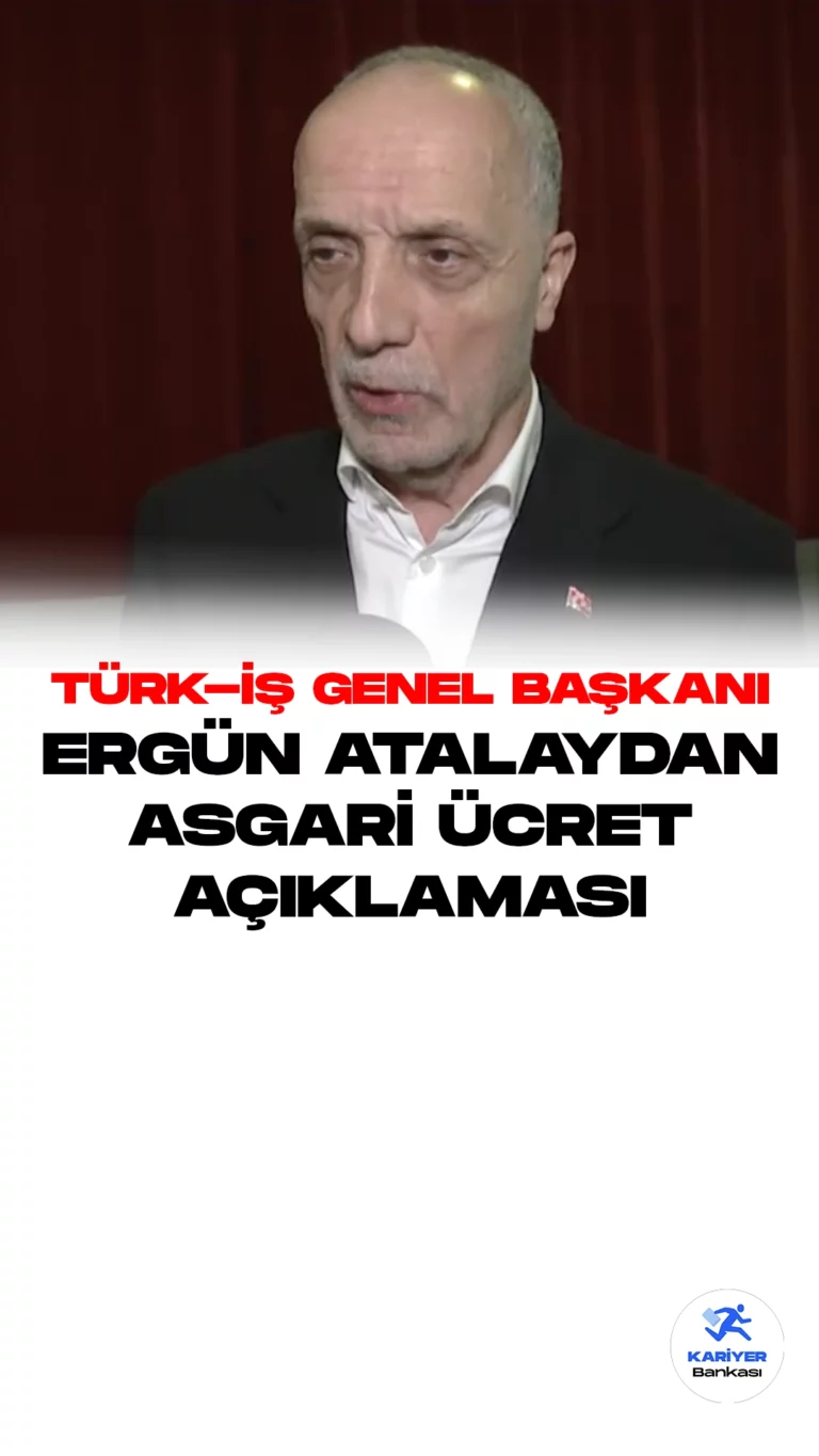 Türk-İş Genel Başkanı Atalay Asgari Ücret Beklentisini Açıkladı.Milyonlarca çalışanın gözü kulağı, asgari ücrete yapılacak zamda. Asgari Ücret Tespit Komisyonu'nun 11 Aralık Pazartesi günü gerçekleştireceği ilk toplantı öncesinde, Türk-İş Genel Başkanı Ergün Atalay, NTV'ye beklentilerini aktardı.