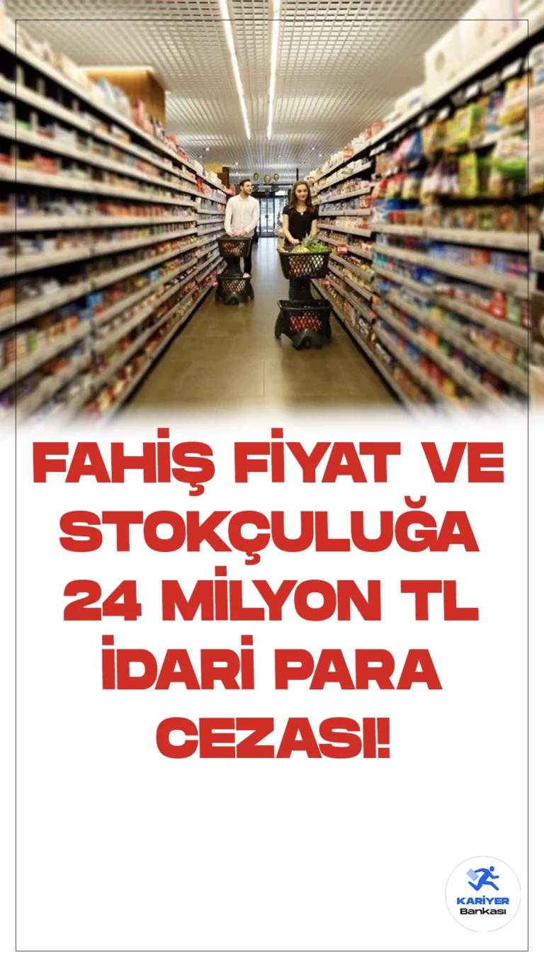 Ticaret Bakanlığı Fahiş Fiyat Artışı ve Stokçuluk Nedeniyle 24 Milyon TL İdari Para Cezası Uyguladı.Ticaret Bakanlığı, tüketici mağduriyetine yol açan işletmeleri belirleyerek 24 milyon 345 bin 66 Türk lirası idari para cezası kesti. Bakanlık, 81 ilde gerçekleştirdiği saha denetimleriyle haksız fiyat artışı ve stokçuluk yapan işletmeleri tespit etti.