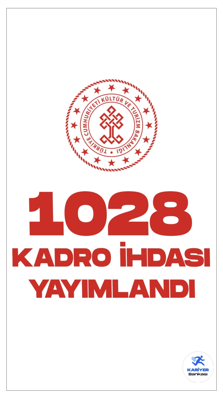 Kültür ve Turizm Bakanlığına 1028 Dolu/Boş Kadro İhdası Yayımlandı.26 Aralık 2023 tarihli Resmi Gazete'de yayımlanan duyuruda, Cumhurbaşkanı Recep Tayyip Erdoğan’ın onayıyla Kültür ve Turizm Bakanlığına 1028 dolu/boş kadro ihdası gerçekleştirildi. 