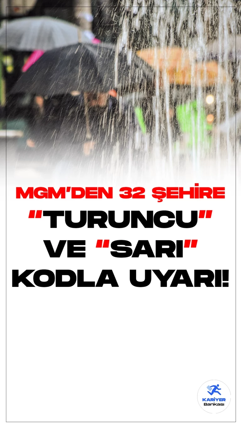 MGM'den 32 İl için "Turuncu" ve "Sarı" Kod Uyarısı.Meteoroloji Genel Müdürlüğü'nün son tahminlerine göre, Türkiye genelinde parçalı ve çok bulutlu bir hava beklenirken, Marmara'nın doğusu, Kuzey Ege'nin iç kesimleri, Akdeniz, İç Anadolu, Batı ve Orta Karadeniz, Doğu Karadeniz'in iç kesimleri ve Doğu ile Güneydoğu Anadolu bölgelerinde yoğun yağışlar öngörülüyor.
