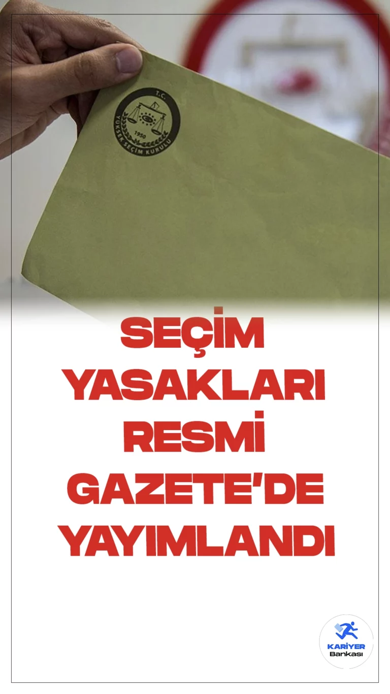 Yerel Seçimlerin Propaganda Serbestliği ve Seçim Yasakları Resmi Gazete'de Yayımlandı.Yüksek Seçim Kurulu (YSK), 31 Mart 2024'te gerçekleşecek Mahalli İdareler Genel Seçimi için propaganda serbestliği ve seçim yasaklarına dair kararını Resmi Gazete'de duyurdu.