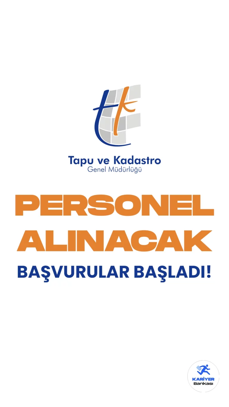 Tapu ve Kadastro Genel Müdürlüğü 72 Personel Alımı Başvuruları Alınacak.Cumhurbaşkanlığı Strateji ve Bütçe Başkanlığı Kamu ilan sitesinden yayımlanan duyurda, Tapu ve Kadastro Genel Müdürlüğüne tekniker, koruma ve güvenlik görevlisi ünvanlarında sözleşmeli personel alınacak. Başvurular bugün(18 Aralık) itibarıyla başladı. Başvuru yapacak adayların genel şartların yanı sıra, özel şartları da dikkatle incelemesi gerekmektedir. İşte şartlar ve başvuru sayfası...
