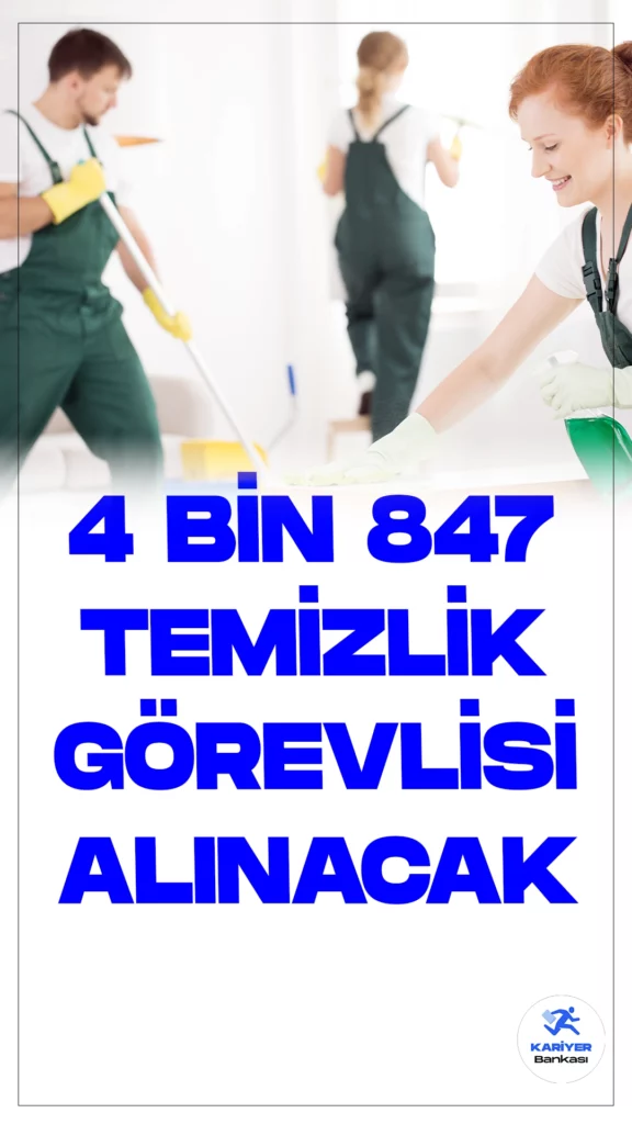 En Az İlkokul Mezunu 4 Bin 847 Temizlik Görevlisi Alınacak. Türkiye İş Kurumu (İŞKUR) temizlik görevlisi alımı duyuruları art arda yayımlandı.Özel sektör firmaları tarafından yayımlanan duyurulara göre, 4 bin 847 temizlik görevlisi alımı yapılacak. Başvuru yapacak adaylarda en az ilkokul mezuniyet şartı aranırken, adayların şartları dikkatle incelemesi gerektiği kaydedildi.
