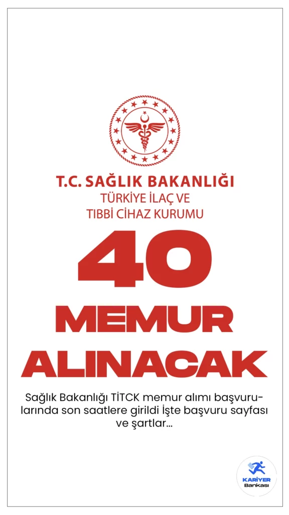 Sağlık Bakanlığı TİTCK 40 Memur Alımı Başvurularında Son Saatler.Resmi Gazete’de yayımlanan duyuruya göre, Tıbbi İlaç ve Tıbbi Cihaz Kurumuna sınavla ürün denetmen yardımcısı alımı yapılacak. Başvuruların  bugün sona eriyor.Başvuru yapacak adayların genel ve özel şartları taşıması gerekmektedir.