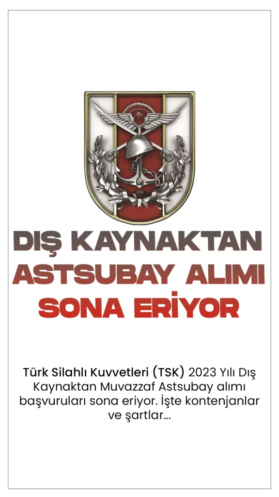 TSK 2023 Yılı Dış Kaynaktan Muvazzaf Astsubay Alımı Başvuruları 24 Aralık'ta Sona Eriyor.Milli Savunma Bakanlığı, Personel Temin sayfasından yayımlanan duyuruda, Türk Silahlı Kuvvetlerine 2023 yılı dış kaynaktan bando sınıfı muvazzaf astsubay adayı alımı yapılacağı aktarıldı. Başvuru işlemleri yarın sona erecek.Başvuru yapacak adayların belirtilen şartları sağlaması gerekmektedir.