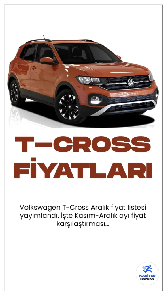 Volkswagen T-Cross Aralık 2023 Fiyat Listesi Yayımlandı.Volkswagen T-Cross, Alman otomobil üreticisinin kompakt SUV segmentindeki iddialı modeli olarak dikkat çekiyor. Şık tasarımı, geniş iç mekanı ve güçlü performansıyla öne çıkan T-Cross, şehir içi ve şehir dışı kullanım için ideal bir tercih sunuyor.