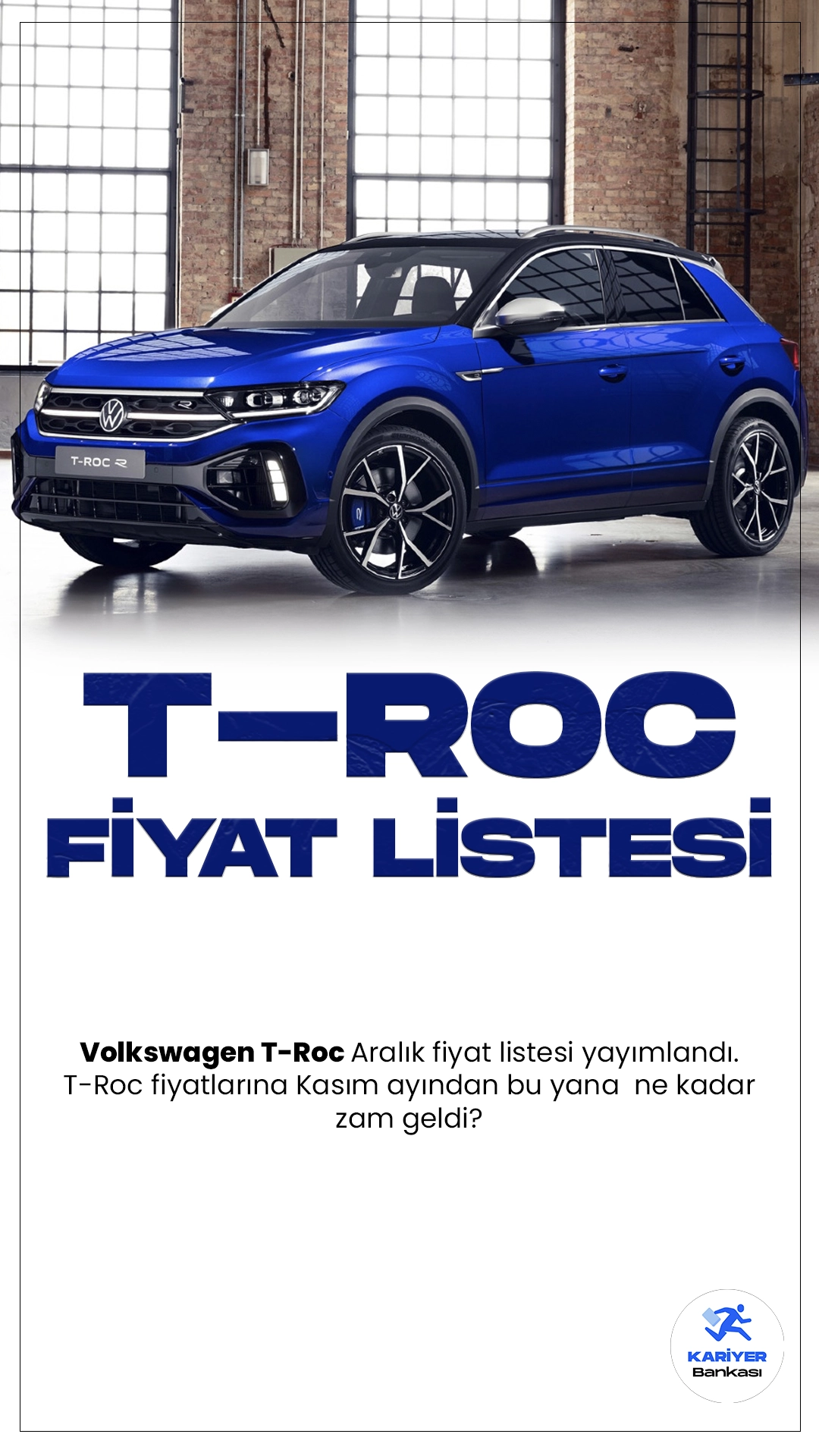 Volkswagen T-Roc Aralık 2023 Fiyat Listesi Yayımlandı.Alman otomotiv devi Volkswagen, dinamik tasarımı ve yüksek performansı bir araya getiren T-Roc modeli ile otomobil tutkunlarını etkilemeye devam ediyor. T-Roc, kompakt SUV segmentinde öne çıkan bir model olma özelliği taşıyor. İleri teknoloji donanımları ve şık iç mekan tasarımıyla dikkat çeken araç, sürüş deneyimini üst seviyeye taşıyor.