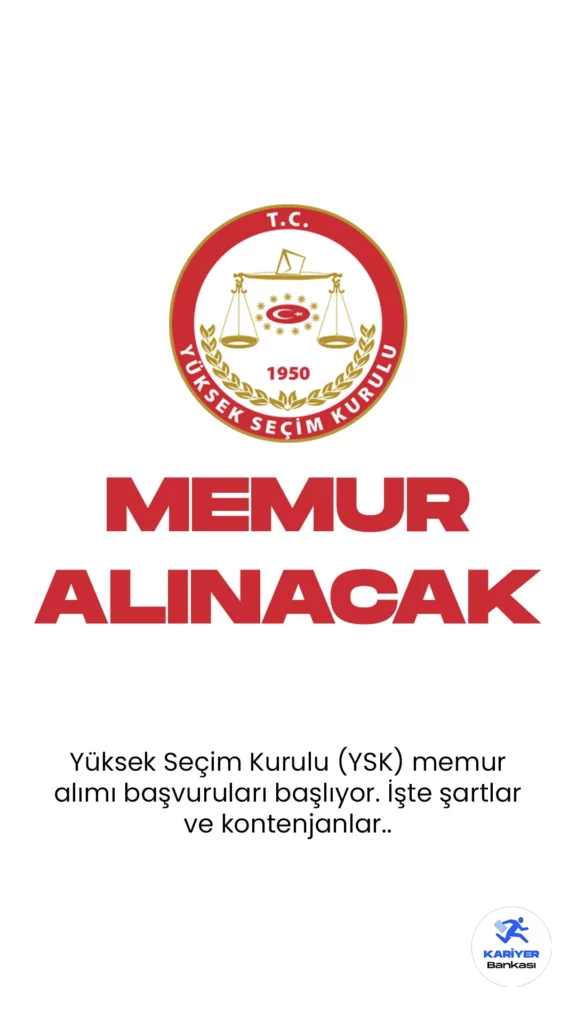 Yüksek Seçim Kurulu (YSK) 51 Memur Alımı Başvuruları Başlıyor.Resmi Gazete’de yayımlanan duyuruda, YSK’ya arşiv memuru, santral memuru, zabıt katibi ve teknisyen pozisyonları için memur alınacağı aktarıldı.Başvurular 8 Aralık'ta başlıyor.Başvuru yapacak adaylarda en az ortaöğretim, ön lisans ve lisans mezuniyet şartı aranan şartlar arasında yer alıyor. İşte şartlar ve kontenjanlar...