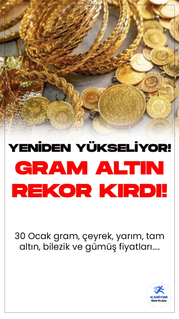Altın Fiyatlarında Yeni Rekor! İşte 30 Ocak Altın ve Gümüş Fiyatları....Altın fiyatları yeniden yükselişe geçti. Serbest piyasalara bakıldığında gram altın 1.989,84 TL, çeyrek altın 3.354,37 TL’den işlem görürken, yarım altın 6.708,74 TL, tam altın 13.376,45 TL’den satılıyor.