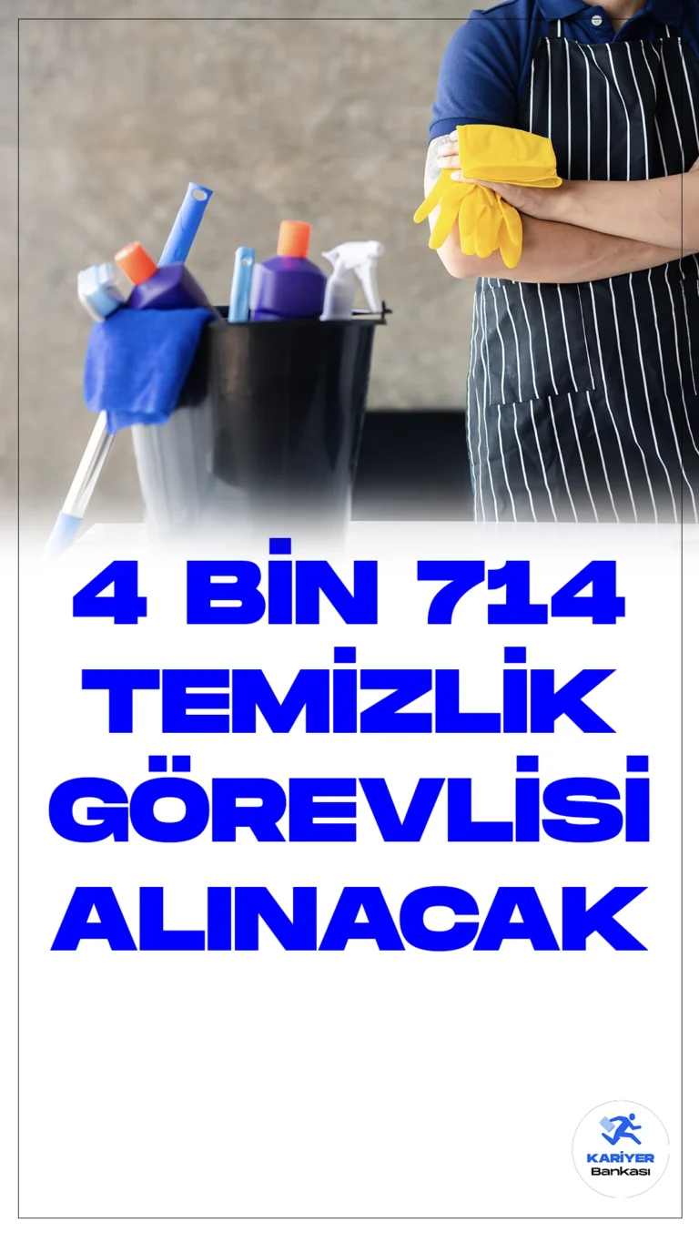 En Az İlkokul Mezunu 4 Bin 714 Temizlik Görevlisi Alımı Yapılacak.Türkiye İş Kurumu (iŞKUR) sayfası üzerinden temizlik görevlisi alımı duyuruları art arda yayımlandı. Özel sektör firmaları tarafından İŞKUR üzerinden yayımlanan duyurulara göre, 4 bin 714 temizlik görevlisi alımı yapılacak. Başvuru yapacak adaylarda en az ilkokul mezuniyet şartı aranırken, adayların belirtilen şartları dikkatle incelemesi gerektiği kaydedildi.