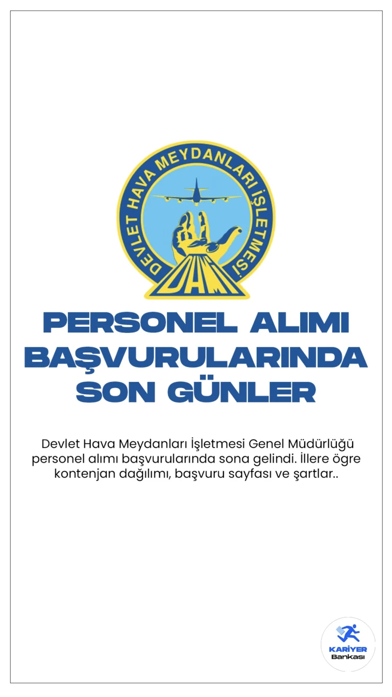 Devlet Hava Meydanları İşletmesi (DHMİ) 29 Personel Alımı Başvurularında Sona Gelindi.Resmi Gazete’de yayımlanan duyuruya göre, Devlet Hava Meydanları İşletmesi Genel Müdürlüğü, stajyer hava trafik kontrolörü ve asistan hava trafik kontrolörü pozisyonları için sözleşmeli personel alımı yapılacak.Başvuru yapacak adaylarda KPSSP3 puan türünden yetmiş(70) ve üzeri puan almış olma şartı arandığı belirtildi. Başvurular 28 Ocak'ta sona erecek.