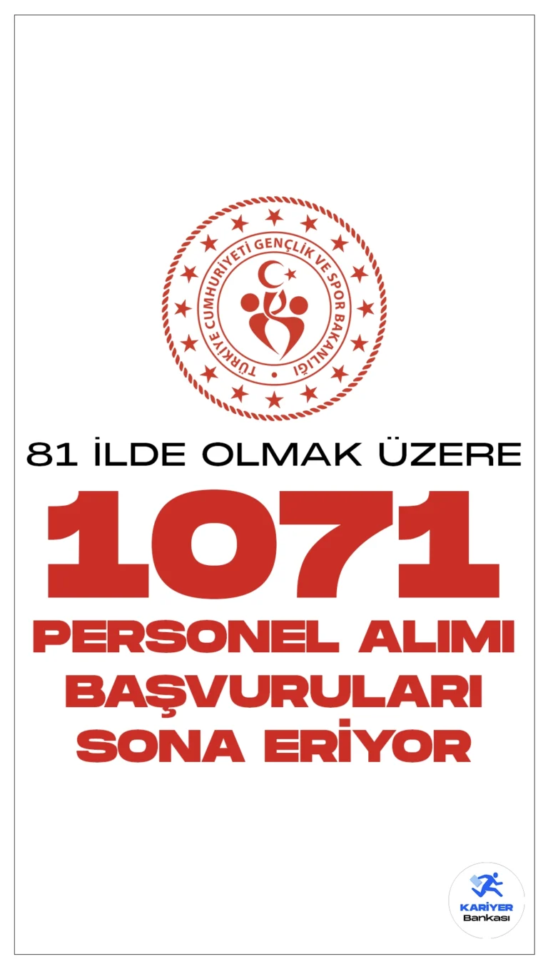 Gençlik ve Spor Bakanlığı (GSB) 1071 Personel Alımı Başvuruları Sona Eriyor.İlgili alım duyurusunda, Gençlik ve Spor Bakanlığı 81 ilde olmak üzere 1071 sözleşmeli personel alımı yapılacağı aktarılmış, başvuru işlemleri 29 Aralık itibarıyla alınmaya başlamıştı. Başvurular bugün (8 Ocak) saat 17:00'de sona erecek. Başvuru yapacak adayların başvuru şartlarını dikkatle incelemesi gerekmektedir.