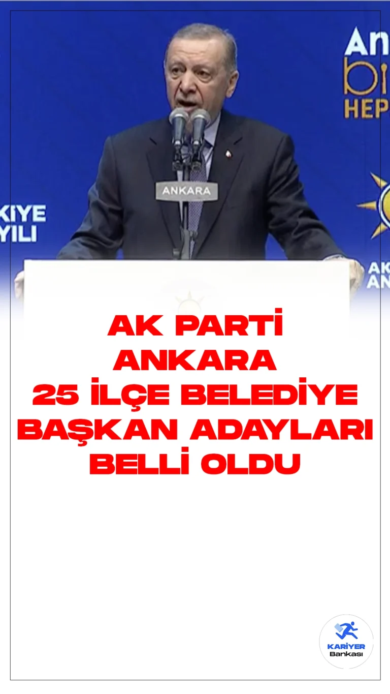 AK Parti Ankara 25 İlçe Belediye Başkan Adayları Açıklandı.Cumhurbaşkanı ve AK Parti Genel Başkanı Recep Tayyip Erdoğan, önemli bir adım atarak Ankara ilçelerinin yerel yönetimlerini şekillendirecek adaylarını belirledi. Erdoğan ATO Congresium'da gerçekleştirilen AK Parti Ankara İlçe Belediye Başkan Adayları Tanıtım Toplantısı'na katılarak, seçimlerin kaderini etkileyecek isimleri kamuoyuyla paylaştı.