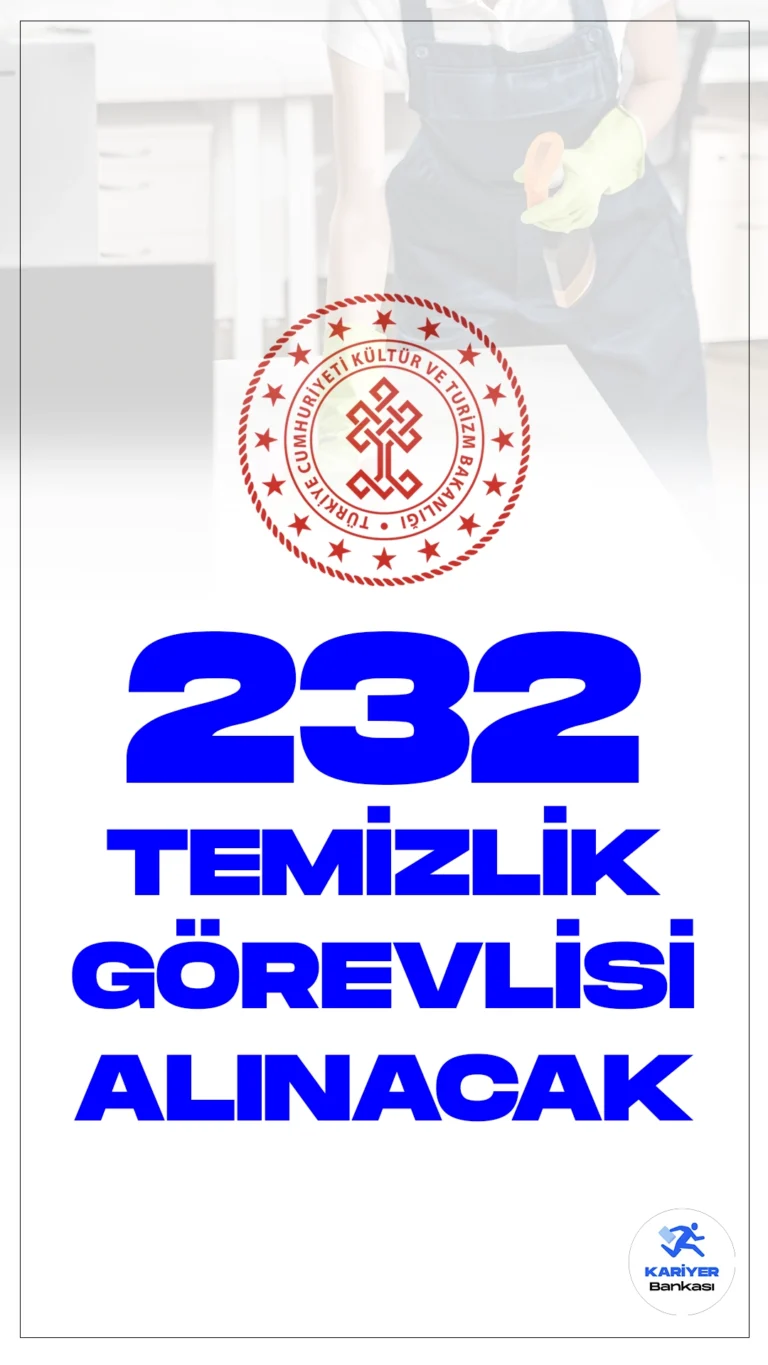 Kültür ve Turizm Bakanlığı 232 Temizlik Görevlisi Alımı Yapacak.Cumhurbaşkanlığı Strateji ve Bütçe Başkanlığı Kamu İlan sayfasında yayımlanan duyuruda, Kültür ve Turizm Bakanlığına 1629 personel alımı yapılacağı aktarıldı. 1629 personel alımı kontenjanlarına bakıldığında 232 temizlik görevlisi alımı yapılacağı görülüyor. İşte temizlik görevlisi alımı şartları ve illere göre kontenjanlar…