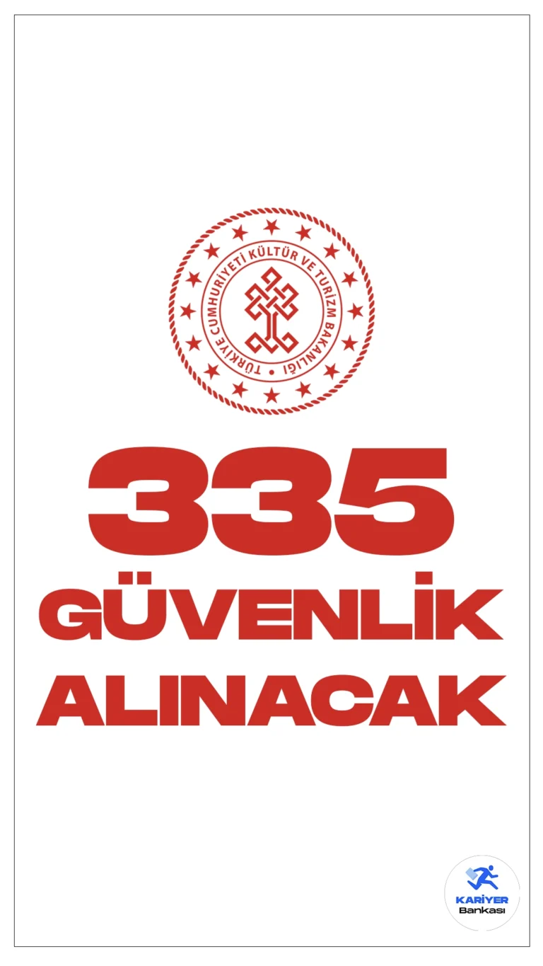 Kültür ve Turizm Bakanlığı 335 Güvenlik Görevlisi Alımı Yapacak.Cumhurbaşkanlığı Strateji ve Bütçe Başkanlığı Kamu İlan sayfasında yayımlanan duyuruda, Kültür ve Turizm Bakanlığına 1629 personel alımı yapılacağı aktarıldı. 1629 personel alımı kontenjanlarına göre 335 koruma ve güvenlik görevlisi alımı yapılacak. İşte güvenlik görevlisi alımı şartları ve illere göre kontenjanlar…