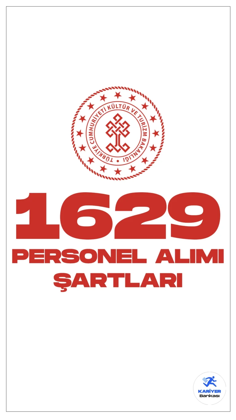 Kültür ve Turizm Bakanlığı 1629 personel alımı yapacak.Resmi Gazete’de ve Cumhurbaşkanlığı SBB’de yayımlanan duyurularda, Kültür ve Turizm Bakanlığına büro personeli, koruma ve güvenlik görevlisi, temizlik görevlisi, kütüphaneci, mimar, şoför, çocuk gelişimcisi, aşçı, bahçıvan, mühendis, şehir plancısı, arkeolog, müze araştırmacısı, kütüphaneci, tekniker ve teknisyen olmak üzere sözleşmeli personel alınacağı aktarıldı. Başvuru yapacak adayların genel şartların yanı sıra, her ünvan için belirtilen özel şartları da sağlaması gerekmektedir.