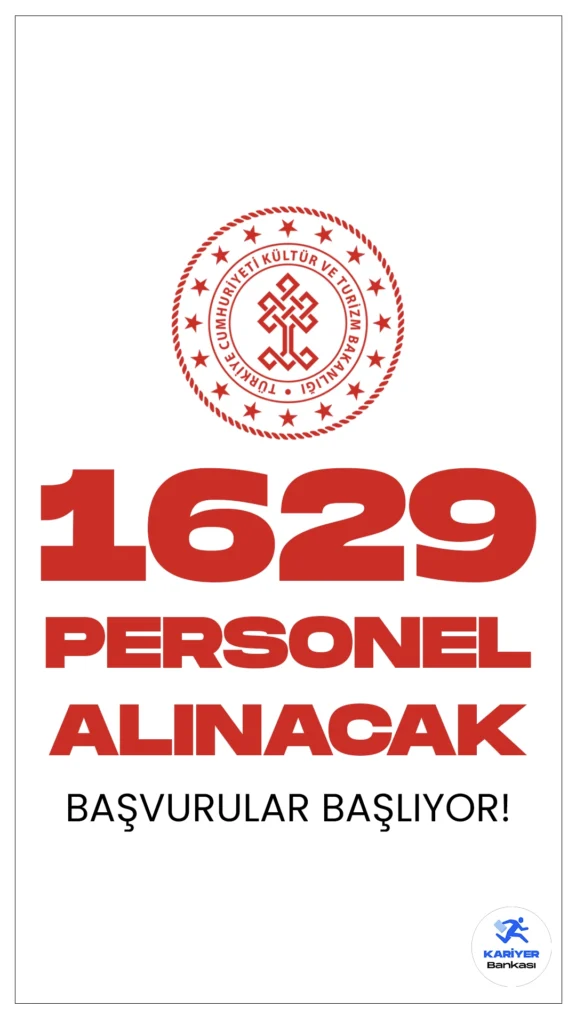 Kültür ve Turizm Bakanlığı 1629 Personel Alımı Başvuruları Başlıyor.Resmi Gazete’de ve Cumhurbaşkanlığı SBB’de yayımlanan duyurularda, Kültür ve Turizm Bakanlığına büro personeli, koruma ve güvenlik görevlisi, temizlik görevlisi, kütüphaneci, mimar, şoför, çocuk gelişimcisi, aşçı, bahçıvan, mühendis, şehir plancısı, arkeolog, müze araştırmacısı, kütüphaneci, tekniker ve teknisyen olmak üzere 1629 sözleşmeli personel alımı yapılacağı aktarılırken, başvuruların yarın(25 Ocak) başlayacağı kaydedildi. Başvuru yapacak adayların şartlar sağlaması gerekmektedir.