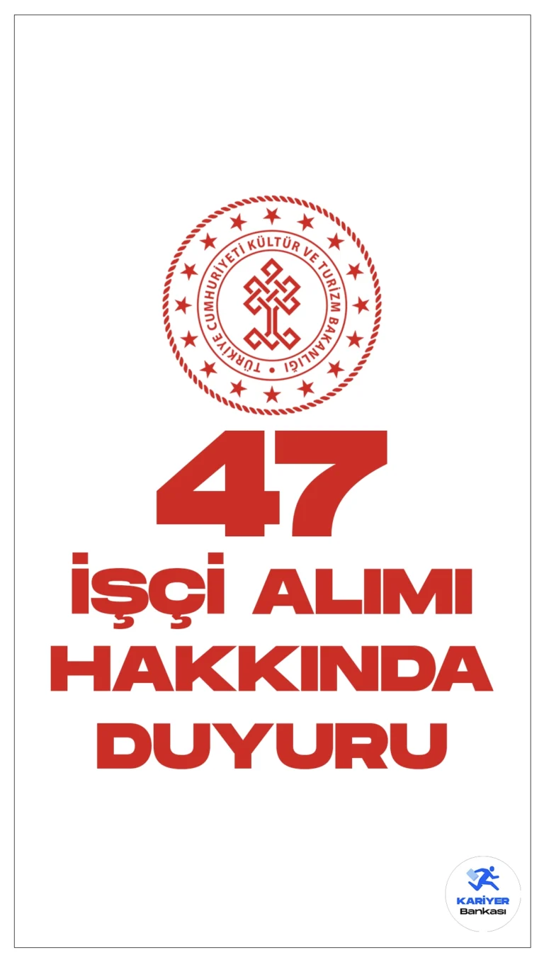 Kültür ve Turizm Bakanlığı 47 İşçi Alımı Hakkında Duyuru Yayımlandı. Bakanlık resmi sayfasından yayımlanan duyuruda, Kültür ve Turizm Bakanlığı Uludağ Alan Başkanlığına başvuruları elektronik ortamda 15.09.2023- 29.09.2023 tarihleri arasında alınan 47 Sürekli İşçi Alımı kapsamında, atamaya esas belgelerini teslim etmeyen, feragat eden ve kriterleri tutmayan adayların yerine yerleştirilen YEDEK ADAYLARIN listesinin paylaşıldığı aktarıldı.