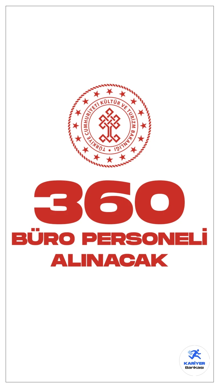 Kültür ve Turizm Bakanlığı 360 Büro Personeli Alımı Yapacak. Cumhurbaşkanlığı Strateji ve Bütçe Başkanlığı Kamu İlan sayfasında yayımlanan duyuruda, Kültür ve Turizm Bakanlığına 1629 personel alımı yapılacağı aktarıldı. 1629 personel alımı kontenjanlarına bakıldığında 360 büro personeli alımı yapılacağı görülüyor. İşte büro personeli alımı şartları ve illere göre kontenjanlar...