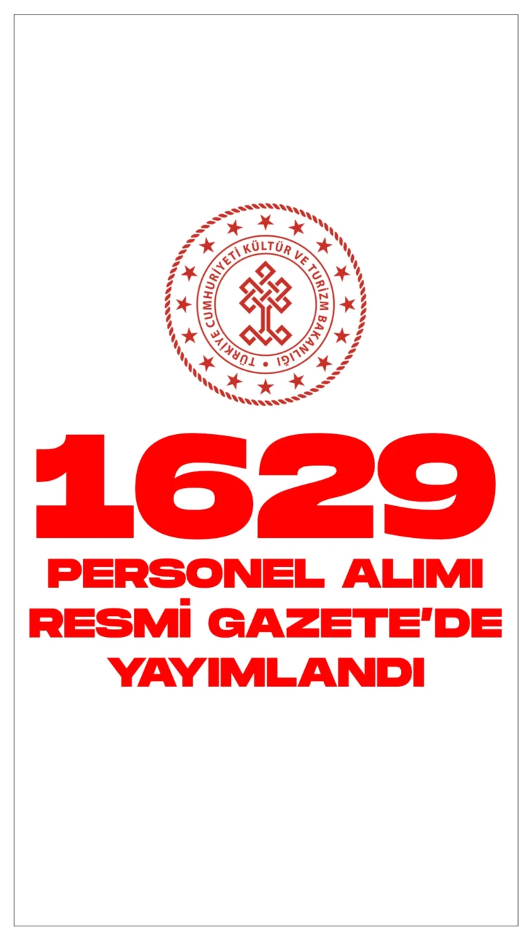 Kültür ve Turizm Bakanlığı 1629 Personel Alımı Resmi Gazete'de Yayımlandı.Resmi Gazete'de ve Cumhurbaşkanlığı SBB’de yayımlanan duyurulara göre, Kültür ve Turizm Bakanlığına büro personeli, koruma ve güvenlik görevlisi, temizlik görevlisi, kütüphaneci, mimar, şoför, çocuk gelişimcisi, aşçı, bahçıvan, mühendis, şehir plancısı, arkeolog, müze araştırmacısı, kütüphaneci, tekniker ve teknisyen olmak üzere 1629 sözleşmeli personel alınacak. Başvuru yapacak adayların genel ve özel şartları dikkatle incelemesi gerekmektedir.