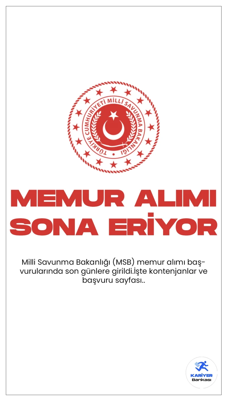 Milli Savunma Bakanlığı (MSB) 190 Memur Alımı Başvurularında Son Günler.Milli Savunma Bakanlığı Personel Temin sayfasından yayımlanan duyuruda, Millî Savunma Bakanlığı, Genelkurmay Başkanlığı, Kuvvet Komutanlıkları ve Millî Savunma Üniversitesinde istihdam edilmek üzere; memur, aşçı, bahçıvan, hizmetli, çocuk gelişimcisi, garson, hemşire, istatistikçi, kaloriferci, mal sorumlusu, memur, mühendis(bilgisayar, inşaat, çevre, makine), memur, mimar, mütercim, şoför, tekniker(bilgisayar, bilgisayar programlama, harita kadastro, elektrik-elektronik, matbaa, sıhhi tesisat, acil tıp, elektrik, kaporta), uzman, diyetisyen, aşçı, fırıncı, V.H.K.İ. maaş mutemeti pozisyonları için memur alımı yapılacağı aktarıldı. Başvuru işlemleri 31 Ocak'ta sona erecek. Başvuru yapacak adayların belirtilen başvuru genel ve özel şartları taşıması gerekmektedir.