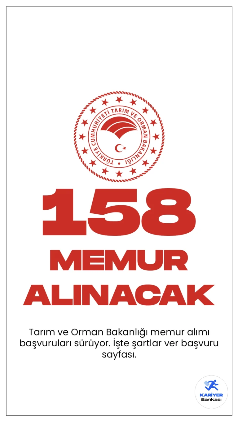 Tarım ve Orman Bakanlığı 158 Memur Alımı Başvuruları Sürüyor.Cumhurbaşkanlığı SBB’de ve Bakanlık sayfasından yayımlanan duyurularda, Tarım ve Orman Bakanlığına sınavla uzman yardımcısı alımı yapılacağı aktarıldı. Başvurular 29 Ocak 2024 tarihinde sona erecek.Başvuru yapacak adayların genel şartların yanı sıra özel şartları da sağlaması gerekmektedir.