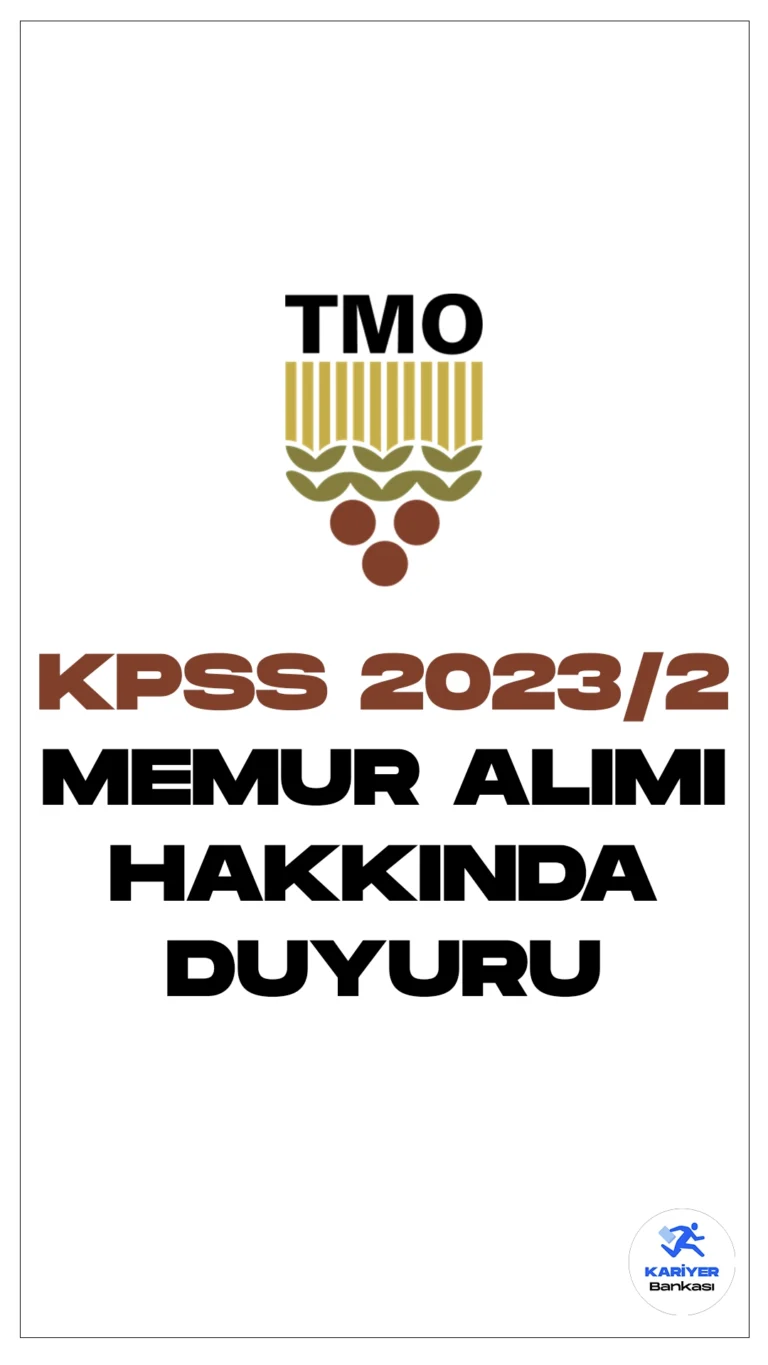 TMO KPSS 2023/2 ile Yerleşen Adaylar Hakkında Duyuru Yayımlandı. Toprak Mahsülleri Ofisi Genel Müdürlüğü sayfasından yayımlanan duyuruda, TMO'ya yerleşen adayların belirtilen belgeleri 08.01.2024-22.01.2024 tarihleri arasında Genel Müdürlüğe bizzat elden teslim etmeleri gerektiği kaydedildi.