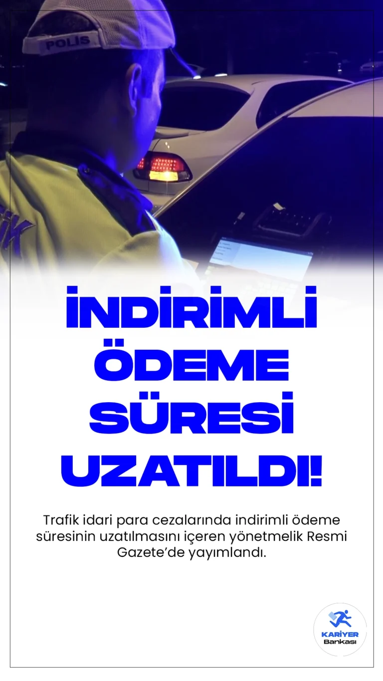 Trafik İdari Para Cezalarında İndirim Süresi Uzatıldı.İçişleri Bakanlığı tarafından yayımlanan "Trafik İdari Para Cezası Karar Tutanaklarının Düzenlenmesinde, Tahsilinde ve Takibinde Uygulanacak Usul ve Esaslar Hakkında Yönetmelikte Değişiklik Yapılmasına Dair Yönetmelik," Resmi Gazete'de yer aldı.