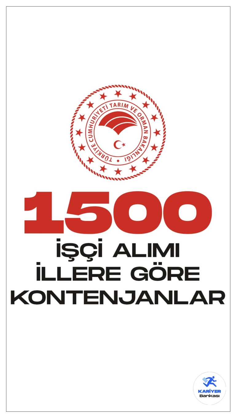 Tarım Bakanlığı 1500 İşçi Alımı İllere Göre Kontenjanlar Belli Oldu.Tarım Bakanlığı 1500 işçi alımı için başvuru süreci İŞKUR üzerinden başladı. İlgili alım duyurusuna göre, Bakanlık taşra teşkilatında istihdam edilmek üzere  tarla işçisi, bahçe işçisi, sera işçisi, bahçıvan, laboratuvar hizmetleri işçisi, hayvan bakıcısı, aşçı, aşçı yardımcısı, ağır vasıta şoförü, bekçi, bulaşıkçı, boya badanacı, elektrikçi, inşaat ustası, iş makinesi operatörü, garson kaynakçı, kaptan, kasap, kaloriferci, marangoz, motor ustası, otobüs şoförü, tesisatçı, usta öğretici ve traktör sürücüsü ünvanlarında tarım işçisi alımı yapacak. İşte illere göre kontenjan dağılımı...